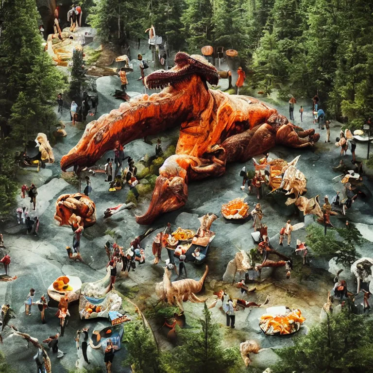 Image similar to photo, hyper detailed, neanderthal people, first contact with aliens!, eating sushi, surrounded by dinosaurs!, gigantic forest trees, sitting on rocks, bright moon, ice! cream! truck!