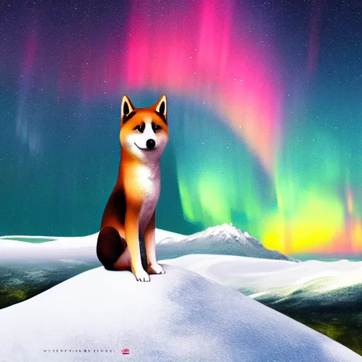 Image similar to shiba inu howling on top of a cliff. northern lights in the background. digital painting, award winning, high detail, high quality, 4 k, sharp and coherent, trending on artstation.