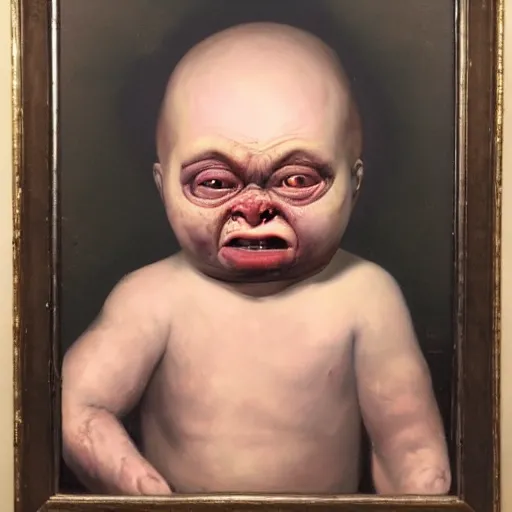 Image similar to oil painting by christian rex van minnen of a portrait of an extremely bizarre disturbing mutated baby with intense chiaroscuro lighting perfect composition, baby scarred, burns, horrible, disgusting, terrifying, award winning painting