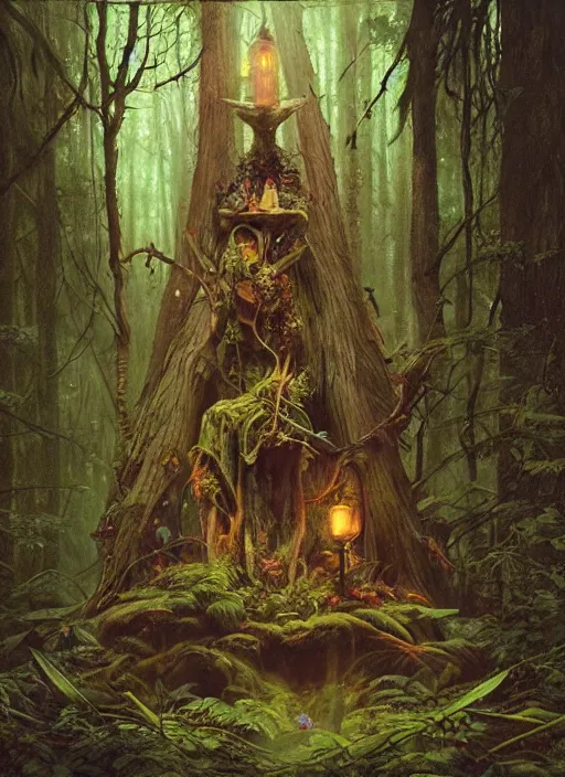 Image similar to a hyper realistic witch shrine in the woods gorgeous lighting, lush forest foliage painting by chiara bautista and beksinski and norman rockwell and greg rutkowski weta studio, and lucasfilm