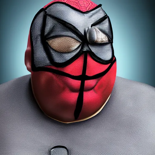 Prompt: portrait photo of old, fat spiderman with a mask doing taxes