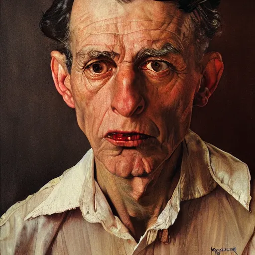 Prompt: high quality high detail painting by norman rockwell and lucian freud, hd, portrait of a dangerous psychopath, intense demonic look in the eyes, photorealistic lighting