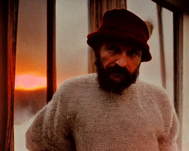 Image similar to award - winning lomographic tarkovsky film still of 4 0 years russian man with beard and sweater standing on small hrushevka 9 th floor balcony in taiga looking at sunset, cinestill, bokeh