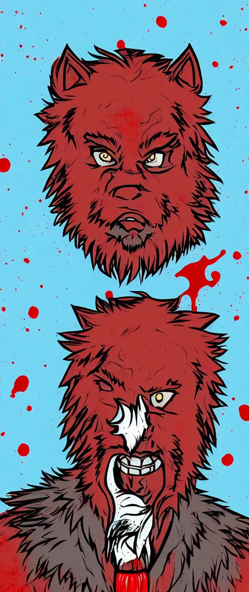 Prompt: wolfman with red liquid on his mouth, digital art, pastel, colorful, sticker, vector art