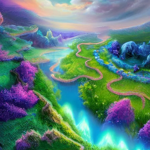 Image similar to fantasy landscape with luminescent indigo, purple, and cyan trees with tangled roots, and meadow filled with flowers, lake with terraced waterfalls detailed airbrushed painting 4 k