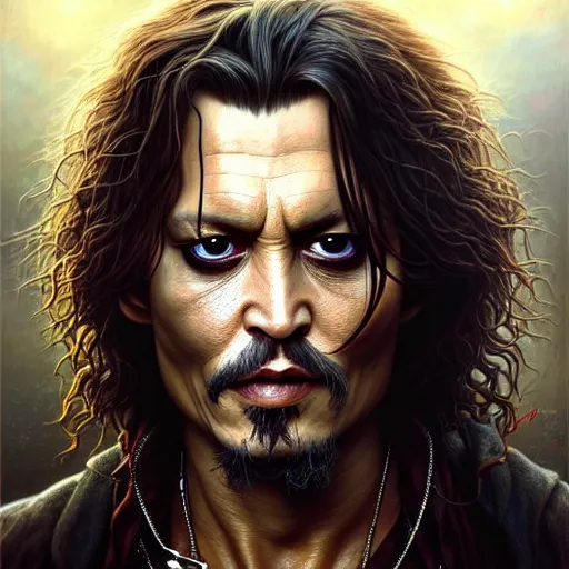 Prompt: wideangle!! portrait shot johnny depp dressed as aragorn, intricate, elegant, highly detailed, centered, digital painting, artstation, concept art, smooth, sharp focus, illustration, artgerm, tomasz alen kopera, peter mohrbacher, donato giancola, joseph christian leyendecker, wlop, boris vallejo