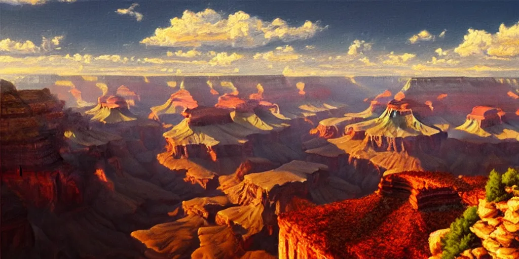 Prompt: Grand Canyon, cinematic lighting, detailed oil painting, hyperrealistic, 8k