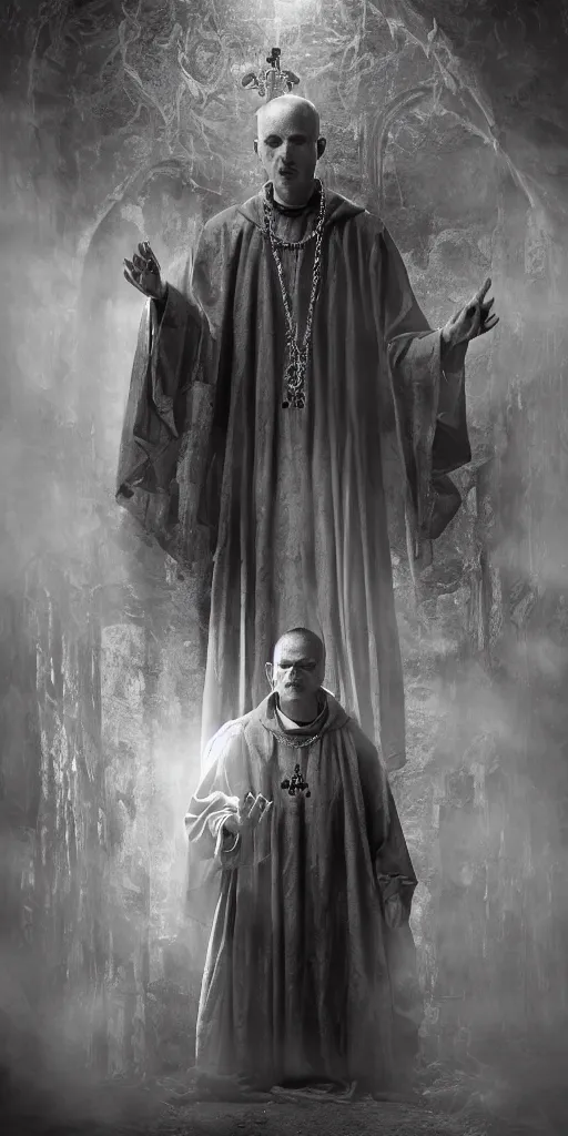 Image similar to a highly realistic and detailed full Priest standing in a dark dirty basement holding a rosary, wide angle 70mm lens, volumetric haze, front facing camera, symmetrical, photorealistic, insanely detailed and intricate, epic, hyper realistic, elegant, ornate, elite, horror, creepy, ominous, haunting, cinematic lighting, unreal engine, cinematic centered camera, high detail, no blur, unreal engine 8k