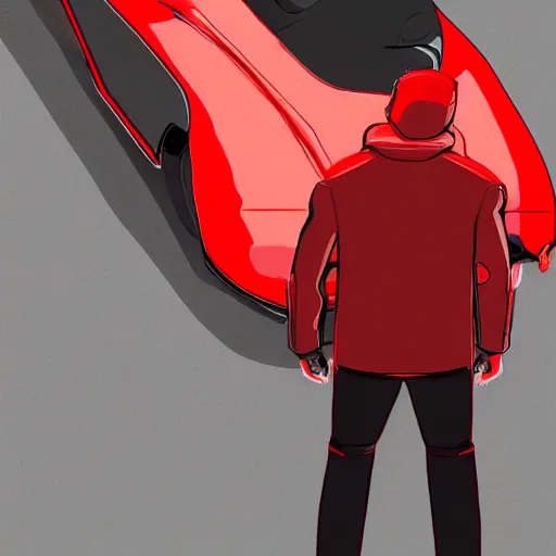 Prompt: man with a red jacket walking toward a red futuristic racing motorbike, isometric view from behind, gray background, ink drawing, panoramic view, wide angle, ultra realistic, intricate details, cyberpunk, ultra detailed, sharp focus, trending on artstation