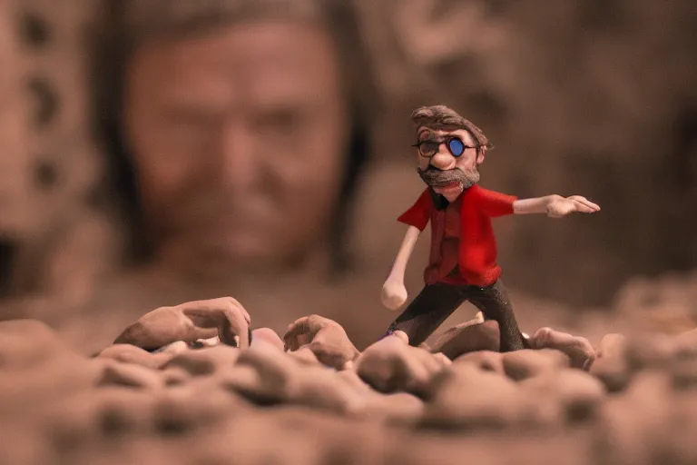 Prompt: cinematic screenshot of a stop motion claymation film about a wacky adventure starring george r r martin, shallow depth of field, 1 8 mm, f 1. 8