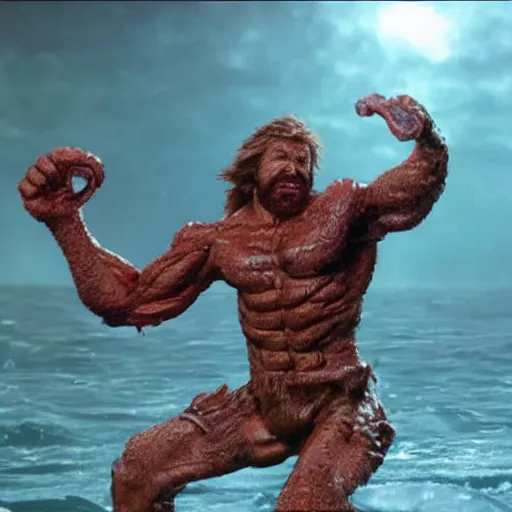 Image similar to chuck norris Fight with the giants cthulhu, cgi