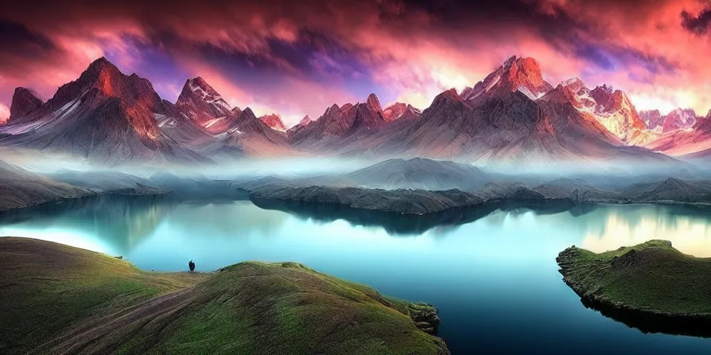 Image similar to amazing landscape photo of astronaut!!! with lake at sunise by Marc Adamus beautiful dramatic lighting, surrealism