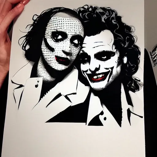 Image similar to mimmo rottela and banksy as joaquin phoenix skinny joker holding hand lady gaga harley queen, photorealistic, intricate details, pop art style, baroque, hyperdetailed