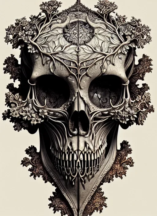 Image similar to art forms of nature by ernst haeckel, memento mori by arthur rackham, ornate antique porcelain beautiful skull mask, ultrasharp, photorealistic, hyperdetailed, octane render, polished, art nouveau, neo - gothic, gothic, intricate ornamental organic filigree, art nouveau botanicals, art forms of nature by ernst haeckel, horizontal symmetry, symbolist, visionary