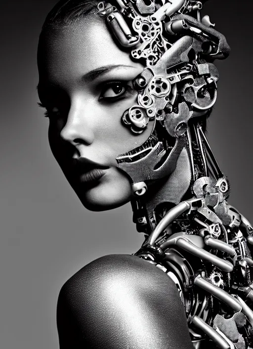 Image similar to a stunning young female cyborg profile face, face is made intricate tribal bio - mechanical, editorial photography, bw, shot on 7 0 mm, depth of field, f / 2. 8, high contrast, 1 6 k, rays of shimmering light, volumetric lighting, shiny, insanely detailed and intricate, hypermaximalist, elegant, ornate, hyper realistic, super detailed