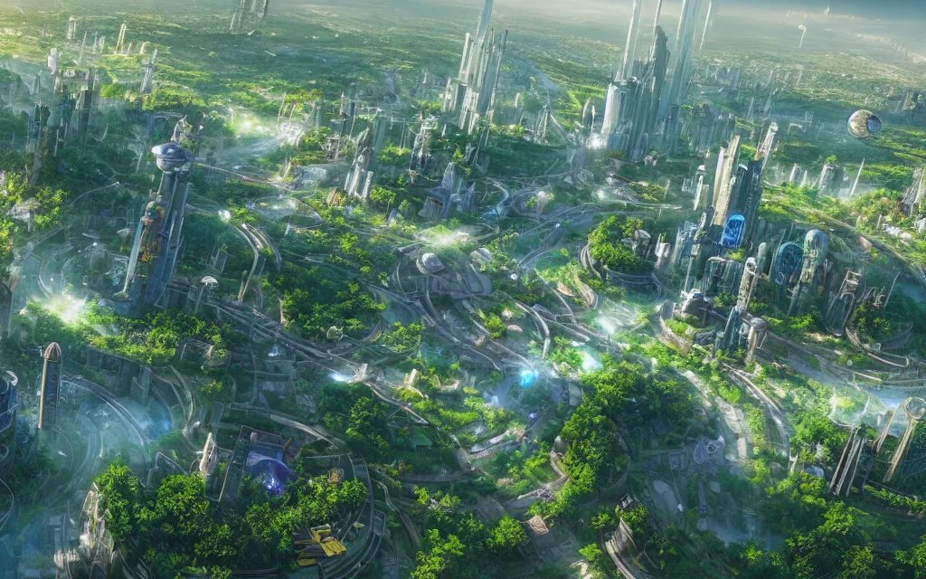 Image similar to a breathtaking view of a solarpunk city, green meadows and rivers, futuristic architecture, hyperrealism, octopath traveler, octane render, misty, highly rendered, global illumination, radiant light, by vincent callebaut and chris hytha