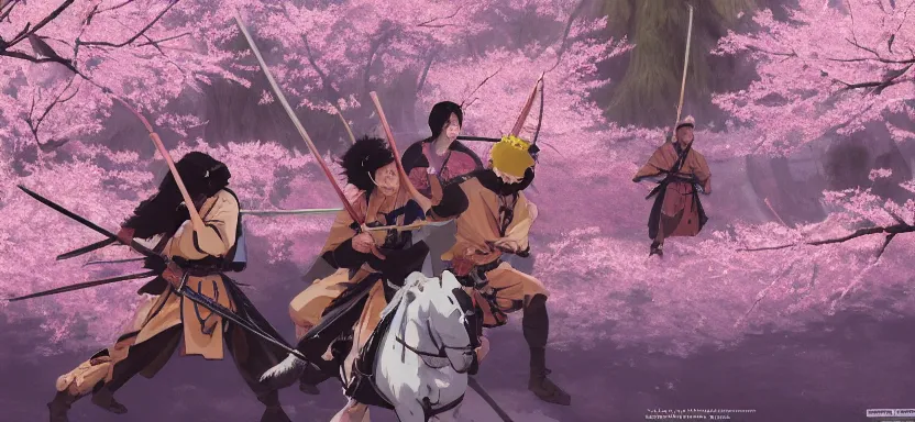 Image similar to a battalion of samurai battle in a cherry blossom forest, digital painting masterpiece, by ilya kuvshinov, by frank frazetta, by mœbius, by reiq, by hayao miyazaki, intricate detail, beautiful brush strokes, advanced lighting technology, 4 k wallpaper, interesting character design, stylized yet realistic anatomy and faces, inspired by kill bill animated scene