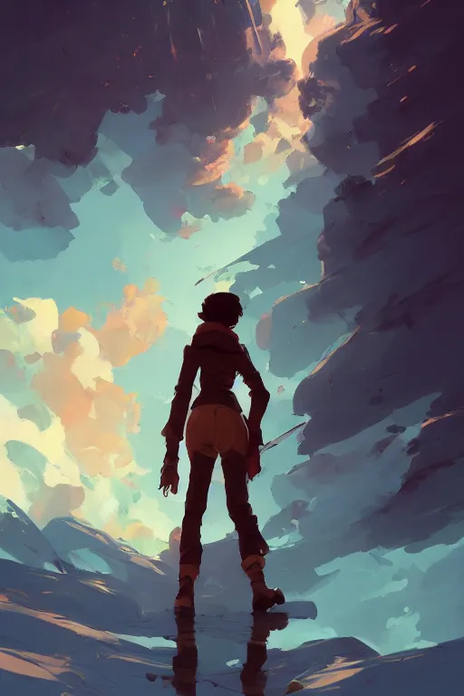 Image similar to looking up into the sky i see an anxious reflection of myself behance hd artstation by jesper ejsing, by rhads, makoto shinkai and lois van baarle, ilya kuvshinov, ossdraws, that looks like it is from borderlands and by feng zhu and loish and laurie greasley, victo ngai, andreas rocha