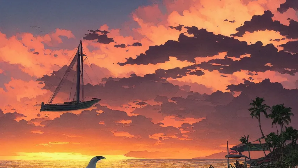 Image similar to sunset at Lahaina Maui, some boats, a few birds in the sky, sharp focus, illustration, paisible night lighting, incredible art by artgerm and greg rutkowski and alphonse mucha and simon stalenhag