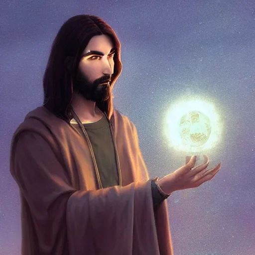 Prompt: Goth Jesus pondering his Orb by Makoto Shinkai and Thomas Kinkade, fantasy matte painting,trending on cgsociety and unreal engine，light effect，highly detailed