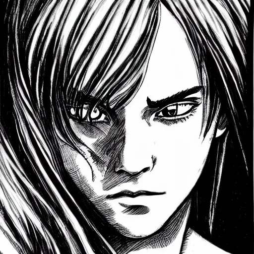 Image similar to emma watson, meets the horse from berserk, highly detailed, black and white, manga, art by Kentaro Miura