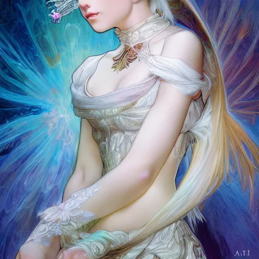 Image similar to a photograpic portrait of a anthropomorphic kitten wearing white clothes, iridescent colors, fantasy, intricate, elegant, highly detailed, digital painting, artstation, concept art, smooth, sharp focus, illustration, art by artgerm and H R Giger and alphonse mucha