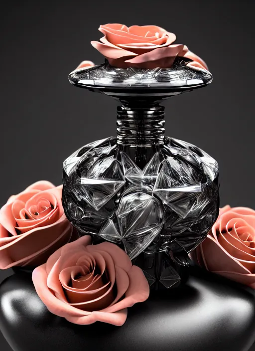 Image similar to perfume bottle surrounded sitting on a biomechanical black bowl made of corals, roses in an ivory room well contoured smooth fair walls, up close shot, sharp focus, global illumination, radiant light, alexandre ferra white mecha, irakli nadar, octane highly render, 4 k, ultra hd,