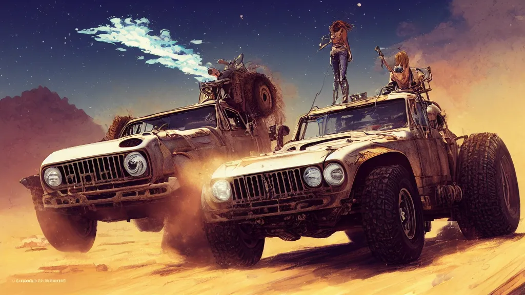 Image similar to digital illustration of mad max's fj 4 0 pursuit special riding fury road eternal shiny and chrome, the last v 8 interceptor driving down to the gates of valhalla highway in the middle of the day, anime style, year 2 0 9 3, by makoto shinkai, ilya kuvshinov, lois van baarle, rossdraws, basquiat