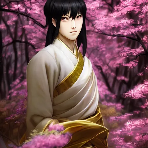Image similar to a young beautiful prince, golden eyes, long black hair, white hanfu, elegant, intricate, backlit, incredible lighting, strong rim light, subsurface scattering, photorealistic anime, beautiful landscape, cherry trees, highly detailed digital painting, by Heise Jinyao, Heise-Lian Yan Fang, Feimo, Rossdraws, Sakimichan HDRI, vivid colors, high contrast, trending on artstation 8k