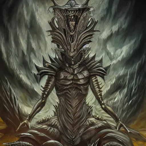 Image similar to Giger portrait of queen dragon, Dragon in dragon lair, HD, full body dragon concept, flying dragon, Human body with dragon features, soft shading, soft colors, relaxed colors, hyperdetailed, wide angle lens, fantasy, futuristic horror, style of giger