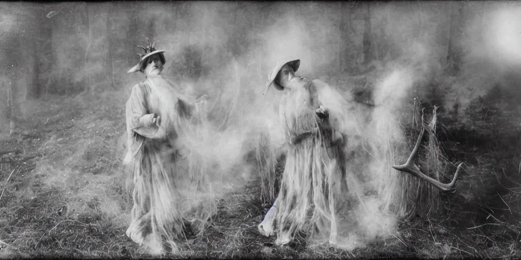 Prompt: 1 9 2 0 s spirit portrait photography of an old female farmer turning into a krampus ghost with hay cloth and antlers in the dolomites, smoke from mouth, eerie casting a root spell, inviting hand, witchy, wicca, by william hope, dark, eerie, grainy
