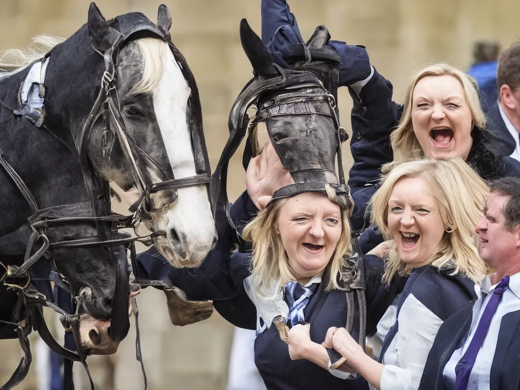 Prompt: liz truss inside a horse, her head visible in the horse's throat as it yawns