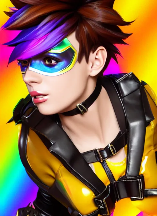 Image similar to portrait bust digital artwork of tracer overwatch, wearing iridescent rainbow latex and leather straps catsuit outfit, 4 k, expressive happy whistling face, makeup, in style of mark arian, angel wings, wearing detailed leather collar, chains, black leather harness, detailed face and eyes,