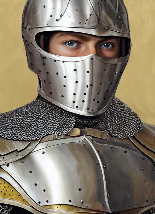 Prompt: oilpainting of a handsome young knight with a beautiful face and clear skin, long blond hair, wearing an intricate and detailed plate armor, no helmet, high resolution, clear image, digital art, studio photo, 4 k, clear lines, artstation, rendition by jan van eyck