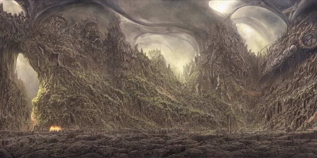 Image similar to Artwork by John Howe of the cinematic view of the Great Sanctum of Annihilation.