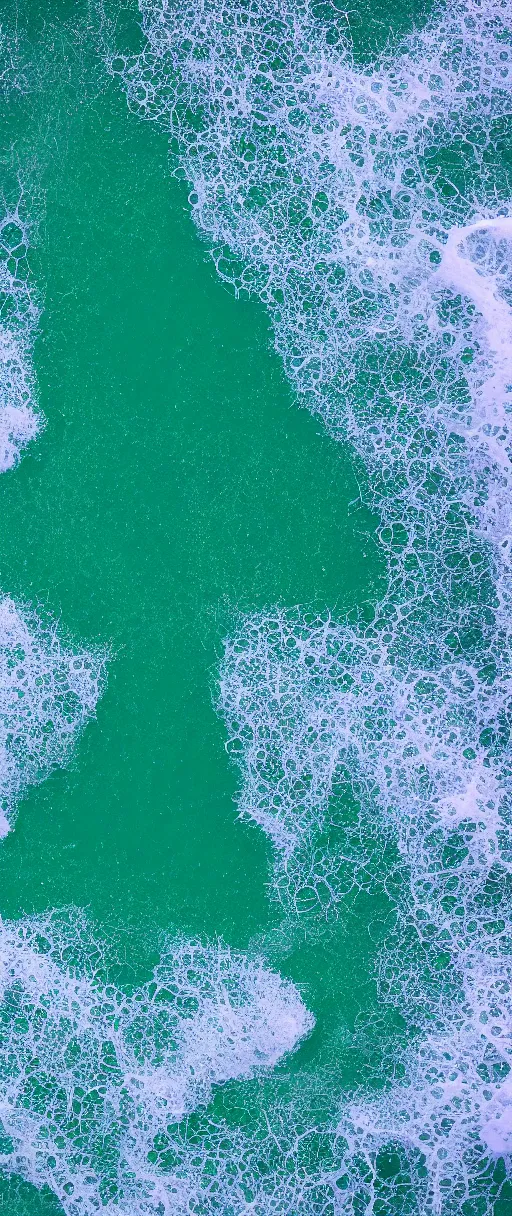 Image similar to 8k macro photograph of seafoam crashing on pure white sand, bubbles and mist