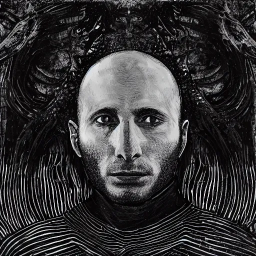 Prompt: naftali bennett as a high detailed black metal album cover