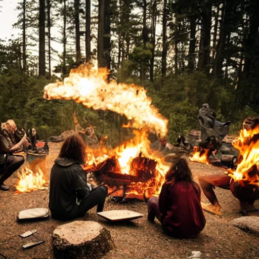 Image similar to photo, neanderthal people eating sushi, surrounded by dinosaurs, gigantic forest trees, sitting on rocks, bonfire