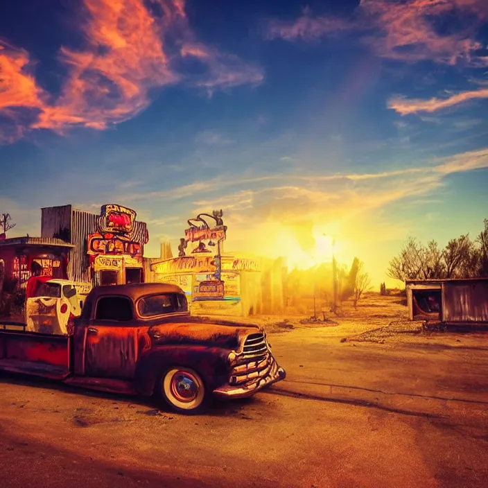 Image similar to a sunset light landscape with historical route 6 6, lots of sparkling details and sun ray ’ s, blinding backlight, smoke, volumetric lighting, colorful, octane, 3 5 mm, abandoned gas station, old rusty pickup - truck, beautiful epic colored reflections, very colorful heavenly, softlight