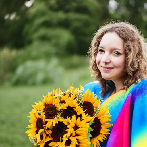 Image similar to photograph of a person in a rainbow cape holding a bouquet of sunflowers