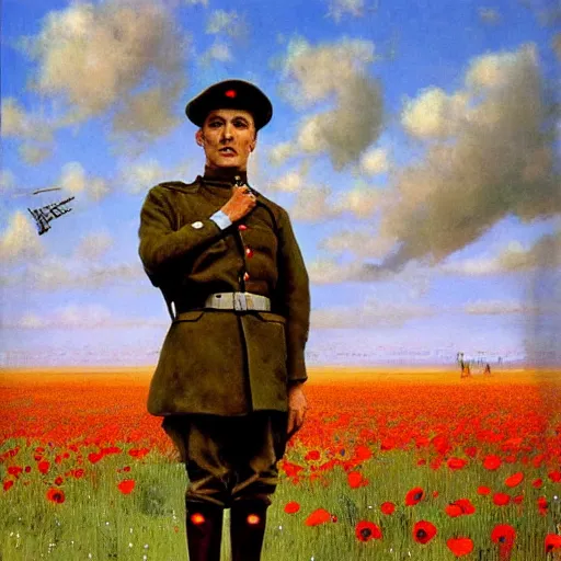 Prompt: world war 1 soldier in a field of giant poppies, surrealist, by robert mcginnis