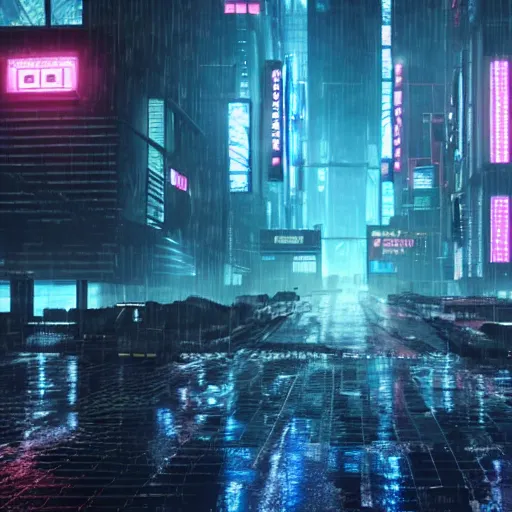 Image similar to rainy dystopian city from the year 3000, futuristic, neon lights, cyberpunk, atmospheric, detailed, unreal engine, octane render,