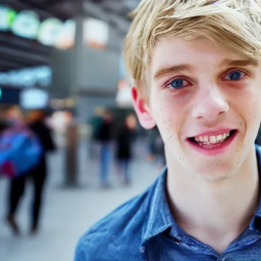 Prompt: a beautiful young, blond male, long hair, fair skin, bright blue eyes, smiling without showing his teeth, in the middle of kings cross station, impressionist, 4 k