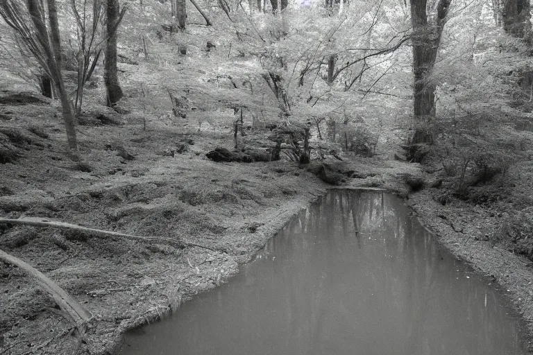 Image similar to infrared night vision trail cam of an alien grey creeping through a creek