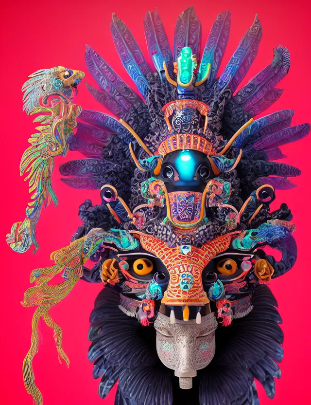 Image similar to 3 d goddess close - up profile portrait aztec with ram skull. beautiful intricately detailed japanese crow kitsune mask and clasical japanese kimono. betta fish, jellyfish phoenix, bio luminescent, plasma, ice, water, wind, creature, artwork by tooth wu and wlop and beeple and greg rutkowski