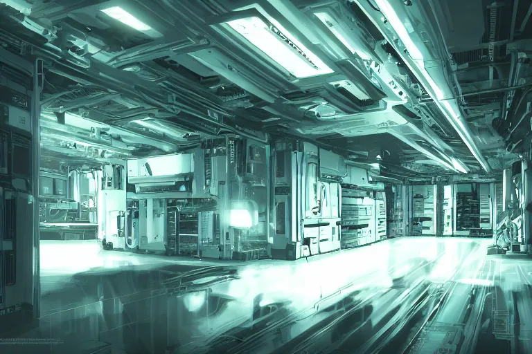 Image similar to parallax datacenter server room interior single mono colossus white rusty android guest robosaurus artstation cinematic detailed concept art sharp coherent cgsociety symmetric perfect well balanced shadows lotr swithes routers