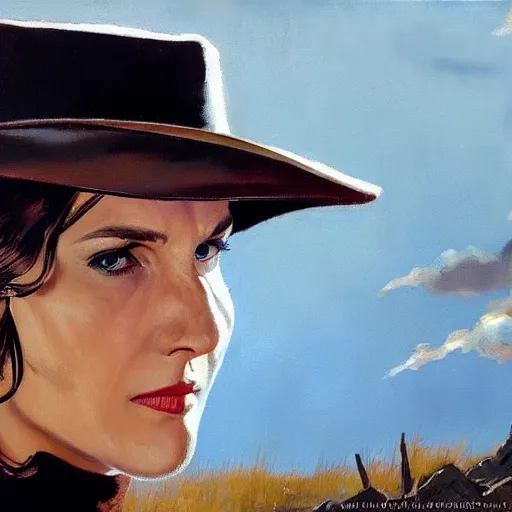 Prompt: ultra realistic portrait painting of kim wexler as a western outlaw, art by frank frazetta, 4 k, ultra realistic, highly detailed, epic lighting