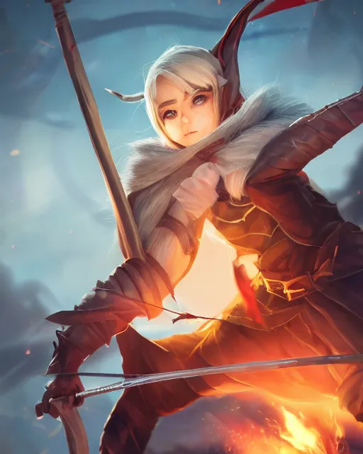 Prompt: female elf archer in a hoodie wielding a magical bow surrounded by wind particles, WLOP style, character art, fighting pose, mixed media, digital art, trending on artstation, 8k, epic composition, highly detailed, sharp focus