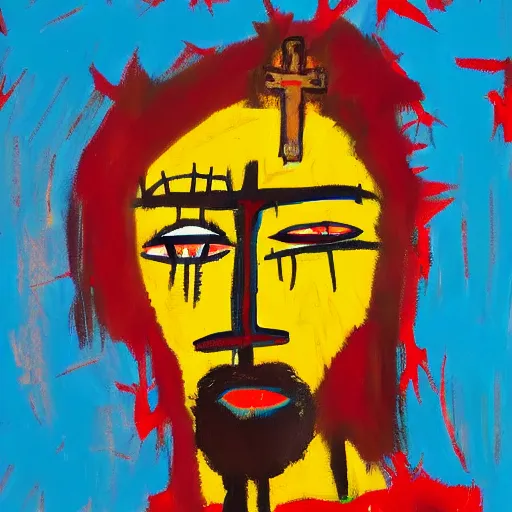 Image similar to oil painting of Jesus on the cross in the style of Basquiat, 8k