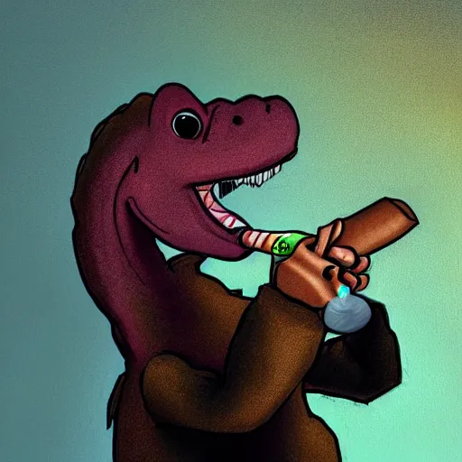 Image similar to barney the dinosaur from kids show drinking whisky and smoking a cigar, portrait art by, digital art, trending on artstation